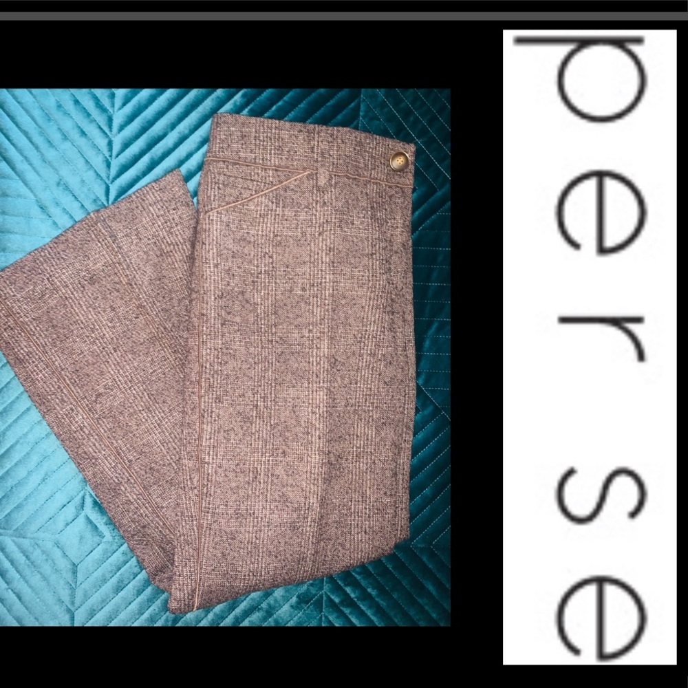 Per Se Brown Wool Plaid Trousers w/ Piping